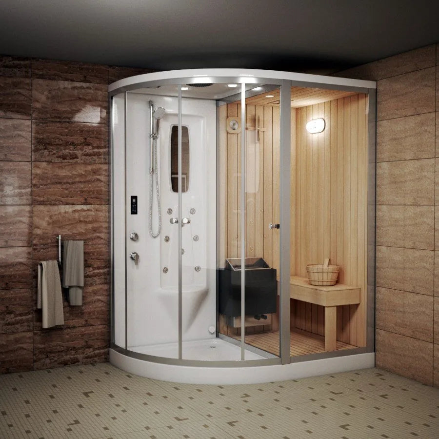 Modern steam shower cabin with wooden walls and floor.