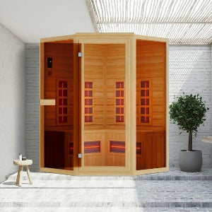 Wooden sauna with infrared lights in a modern indoor setting